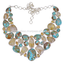 Collar de plata artesanal con turquesa, piedras citrinas y piedras de oro Rutilo